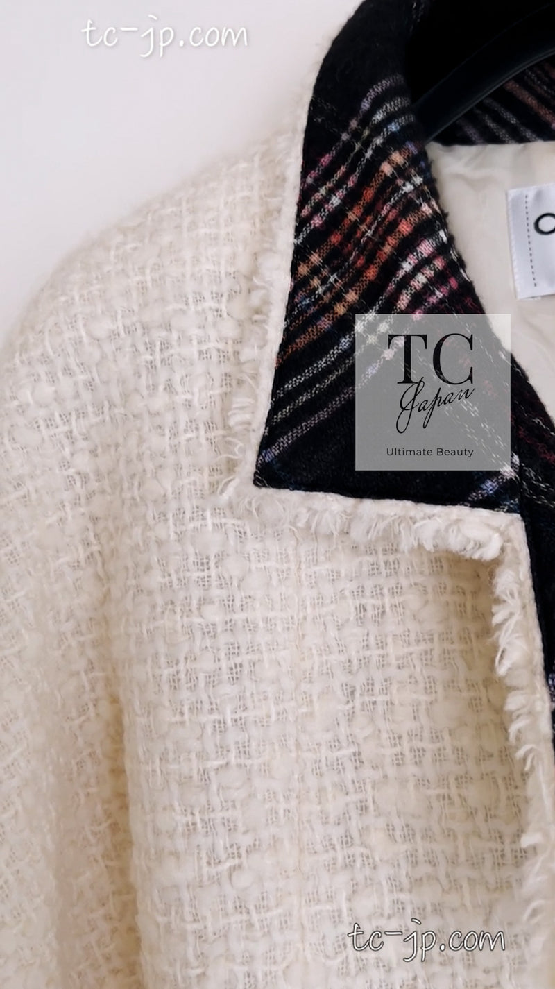 CHANEL 13PF Ivory Creme Black Tartan Check Tweed Jacket 38 40シャネル アイボリー クリーム ブラック タータンチェック ツイード ジャケット 即発