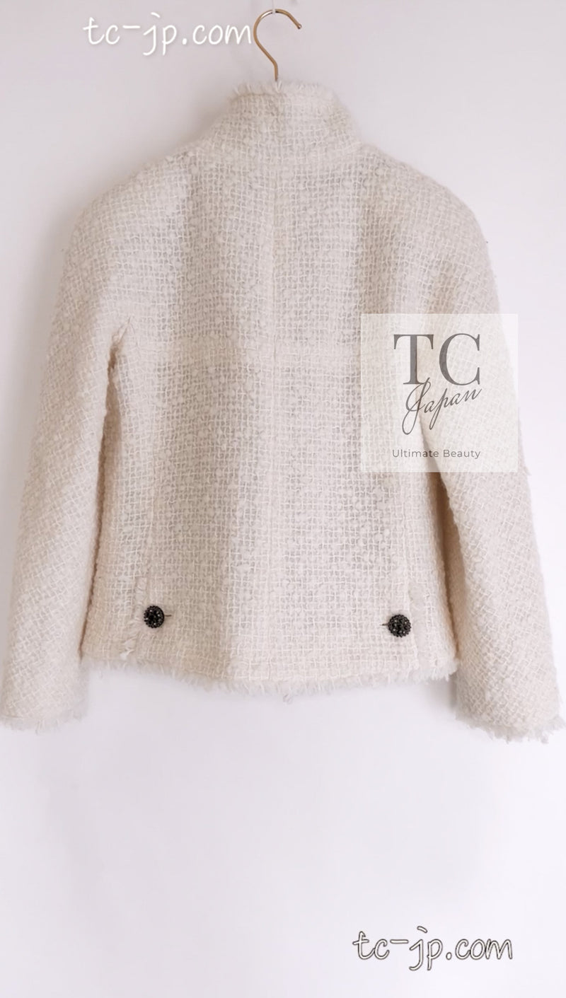 CHANEL 13PF Ivory Creme Black Tartan Check Tweed Jacket 38 40シャネル アイボリー クリーム ブラック タータンチェック ツイード ジャケット 即発