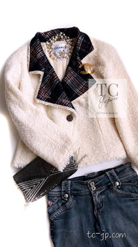 CHANEL 13PF Ivory Creme Black Tartan Check Tweed Jacket 38 40シャネル アイボリー クリーム ブラック タータンチェック ツイード ジャケット 即発