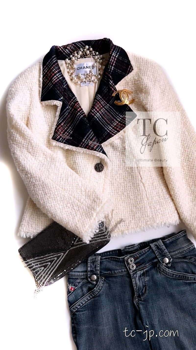 CHANEL 13PF Ivory Creme Black Tartan Check Tweed Jacket 38 40シャネル アイボリー クリーム ブラック タータンチェック ツイード ジャケット 即発
