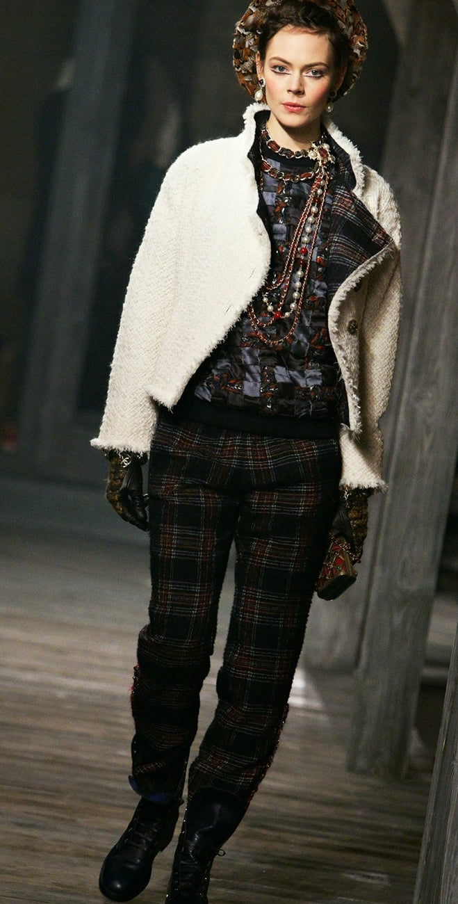CHANEL 13PF Ivory Creme Black Tartan Check Tweed Jacket 38 40シャネル アイボリー クリーム ブラック タータンチェック ツイード ジャケット 即発