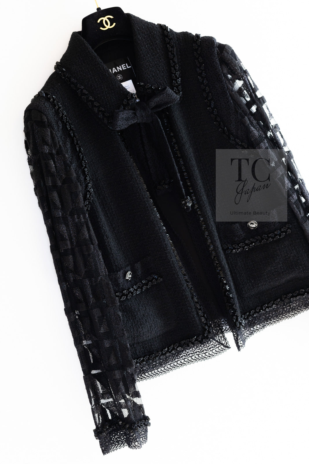 CHANEL 09C Black Jewel Embellished Mesh Lesage Tweed Cardigan Jacket 34 シャネル ブラック ジュエリー ビーズ メッシュレース カーディガン ジャケット 即発