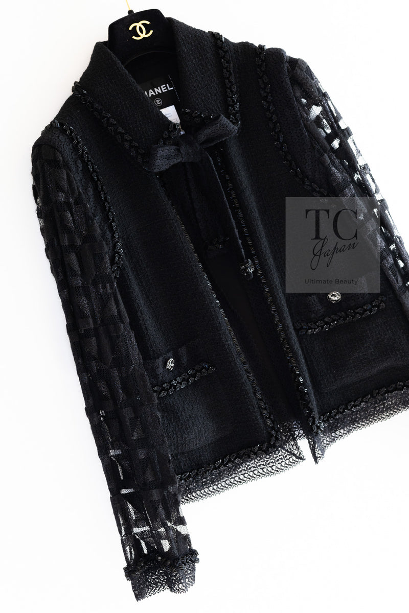 CHANEL 09C Black Jewel Embellished Mesh Lesage Tweed Cardigan Jacket 34 シャネル ブラック ジュエリー ビーズ メッシュレース カーディガン ジャケット 即発