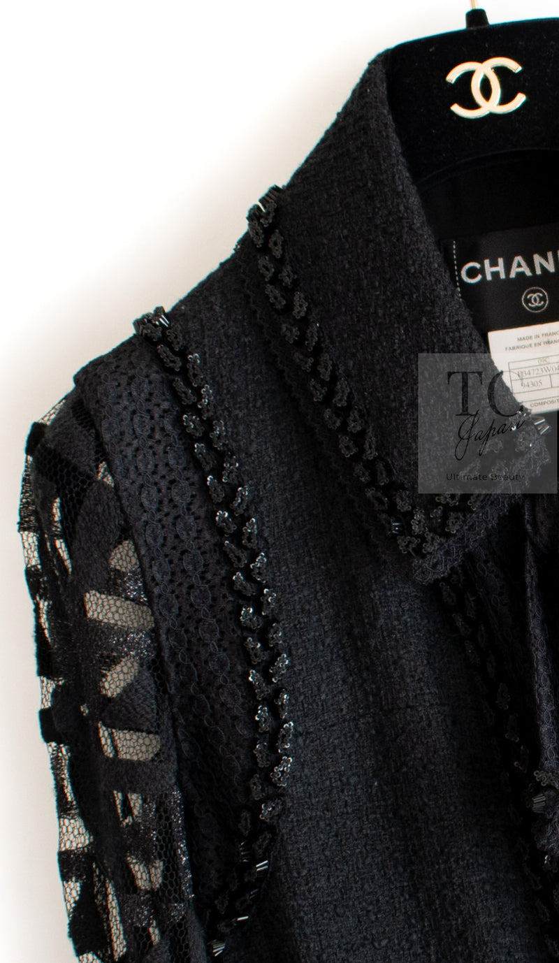 CHANEL 09C Black Jewel Embellished Mesh Lesage Tweed Cardigan Jacket 34 シャネル ブラック ジュエリー ビーズ メッシュレース カーディガン ジャケット 即発