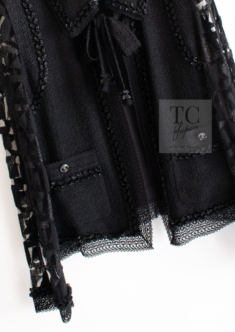 CHANEL 09C Black Jewel Embellished Mesh Lesage Tweed Cardigan Jacket 34 シャネル ブラック ジュエリー ビーズ メッシュレース カーディガン ジャケット 即発
