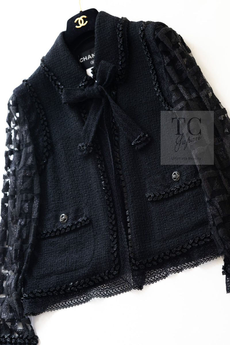CHANEL 09C Black Jewel Embellished Mesh Lesage Tweed Cardigan Jacket 34 シャネル ブラック ジュエリー ビーズ メッシュレース カーディガン ジャケット 即発