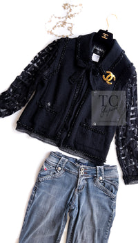 CHANEL 09C Black Jewel Embellished Mesh Lesage Tweed Cardigan Jacket 34 シャネル ブラック ジュエリー ビーズ メッシュレース カーディガン ジャケット 即発