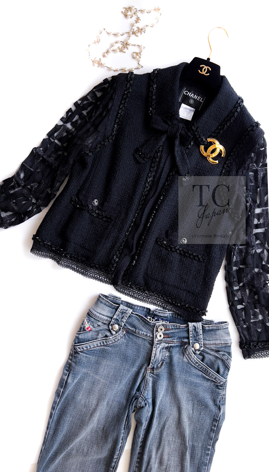 CHANEL 09C Black Jewel Embellished Mesh Lesage Tweed Cardigan Jacket 34 シャネル ブラック ジュエリー ビーズ メッシュレース カーディガン ジャケット 即発