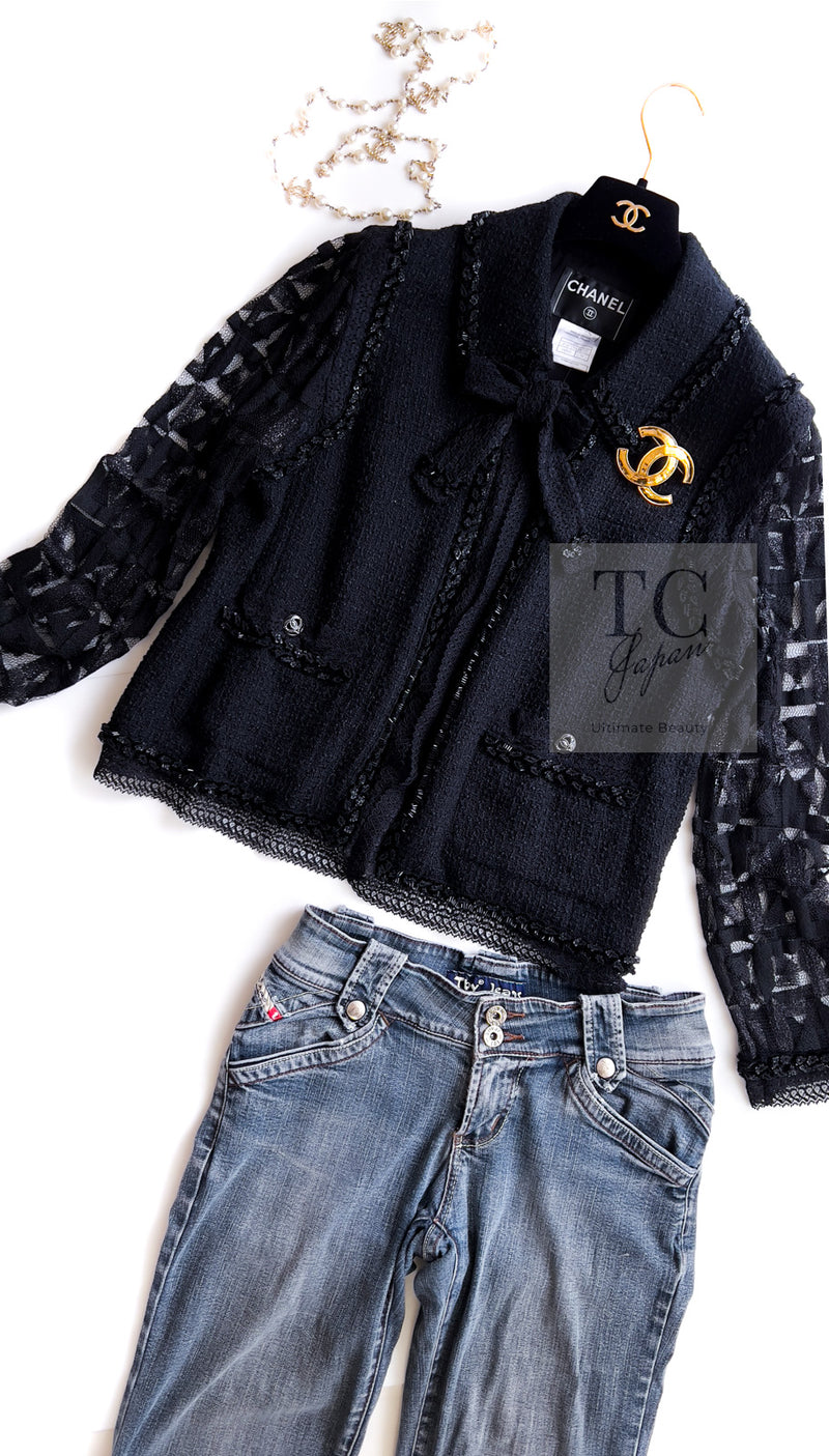 CHANEL 09C Black Jewel Embellished Mesh Lesage Tweed Cardigan Jacket 34 シャネル ブラック ジュエリー ビーズ メッシュレース カーディガン ジャケット 即発
