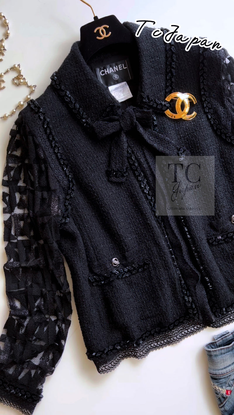 CHANEL 09C Black Jewel Embellished Mesh Lesage Tweed Cardigan Jacket 34 シャネル ブラック ジュエリー ビーズ メッシュレース カーディガン ジャケット 即発