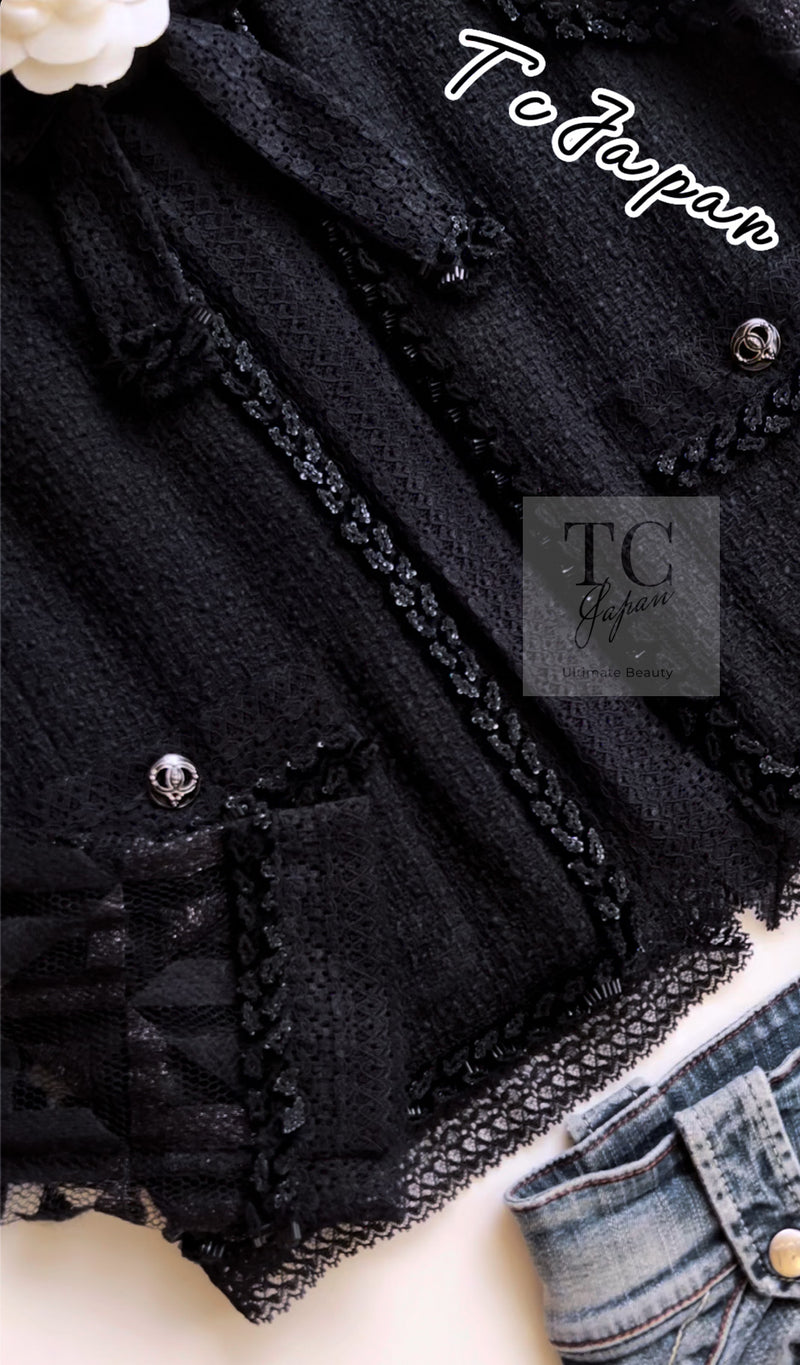 CHANEL 09C Black Jewel Embellished Mesh Lesage Tweed Cardigan Jacket 34 シャネル ブラック ジュエリー ビーズ メッシュレース カーディガン ジャケット 即発