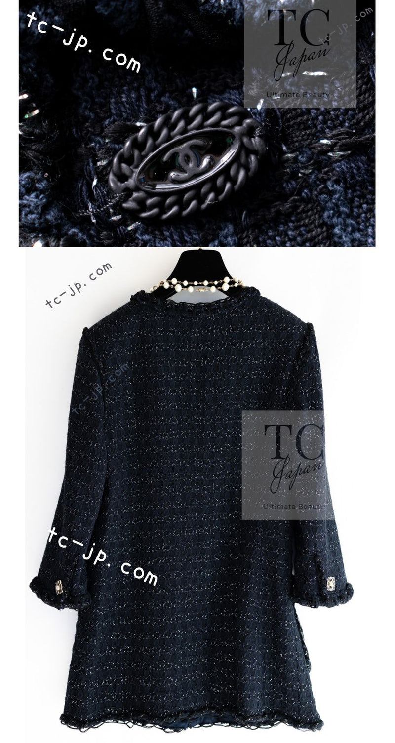 CHANEL 07PF Black Blue Metallic Tweed Jacket 36 シャネル ブラック ネイビー メタリック ツイード ジャケット 即発