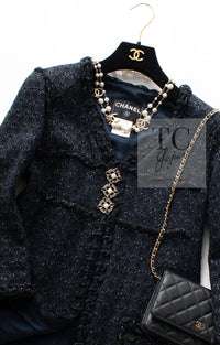 CHANEL 07PF Black Blue Metallic Tweed Jacket 36 シャネル ブラック ネイビー メタリック ツイード ジャケット 即発
