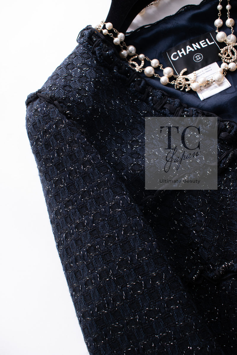 CHANEL 07PF Black Blue Metallic Tweed Jacket 36 シャネル ブラック ネイビー メタリック ツイード ジャケット 即発
