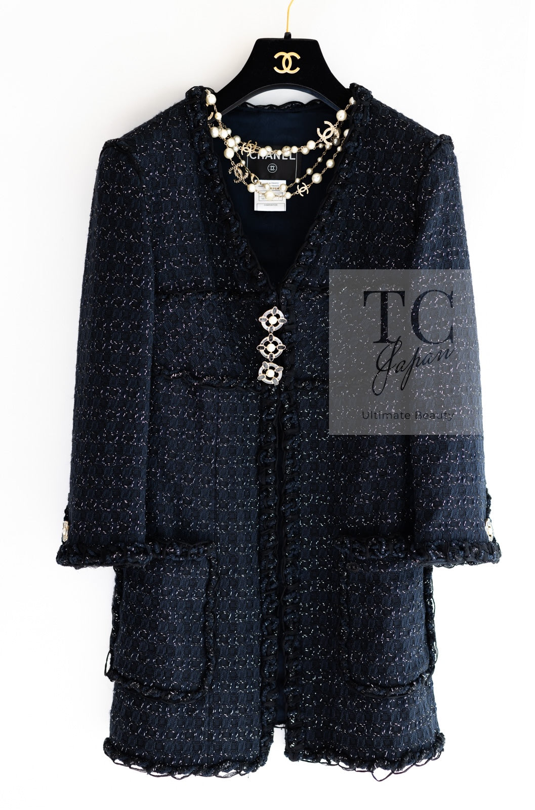 シャネル ジャケット CHANEL ブラック ネイビー メタリック ツイード