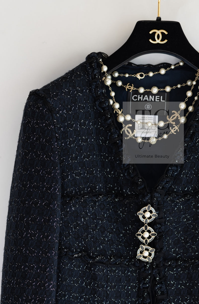 CHANEL 07PF Black Blue Metallic Tweed Jacket 36 シャネル ブラック ネイビー メタリック ツイード ジャケット 即発