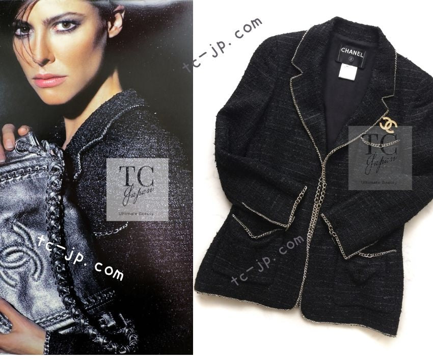 シャネル ジャケット CHANEL ブラック メタリック チェーン トリム