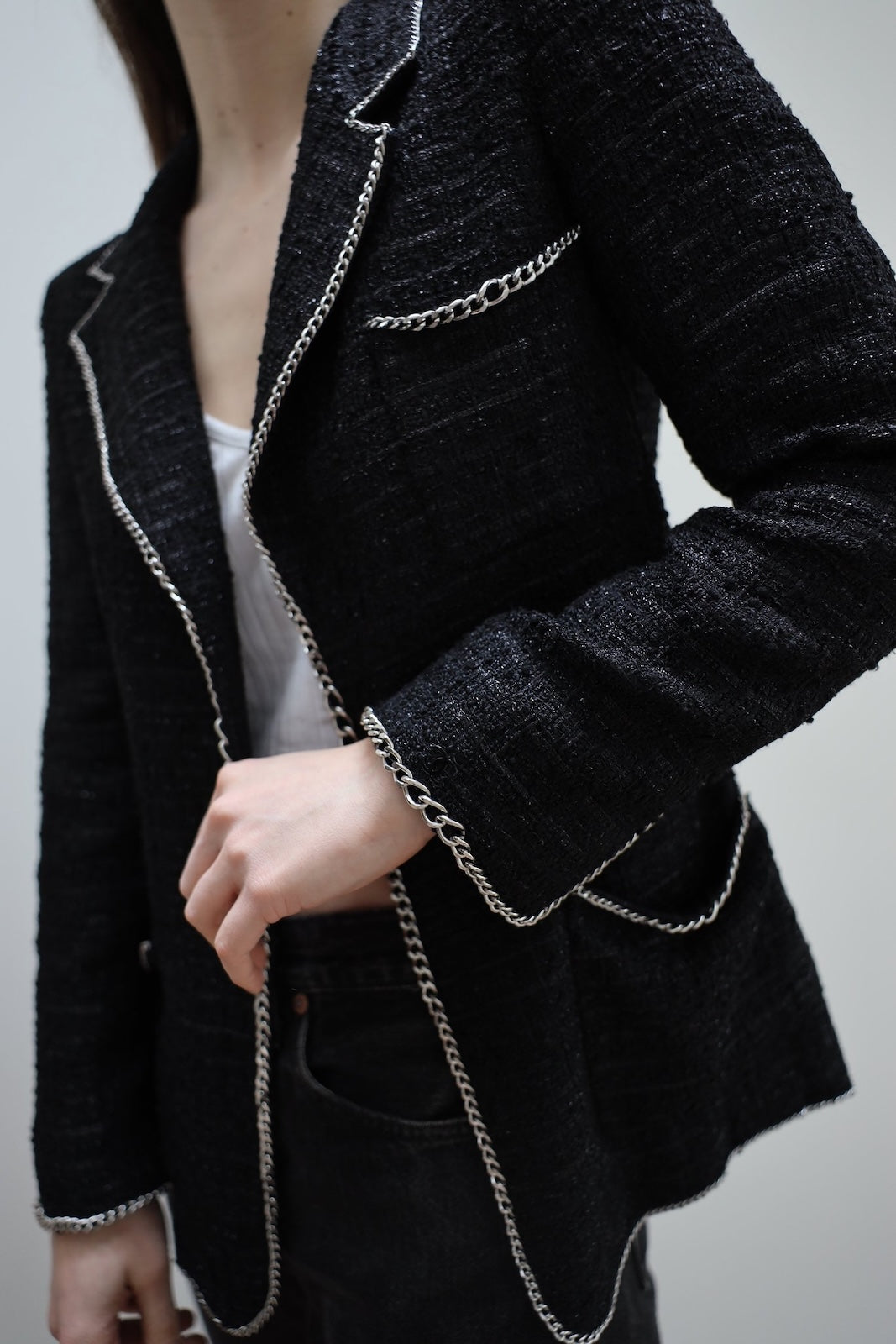 CHANEL 06S Black Metallic Chain Trim Tweed Jacket 38 シャネル ブラック メタリック チェーン トリム ツイード ジャケット 即発