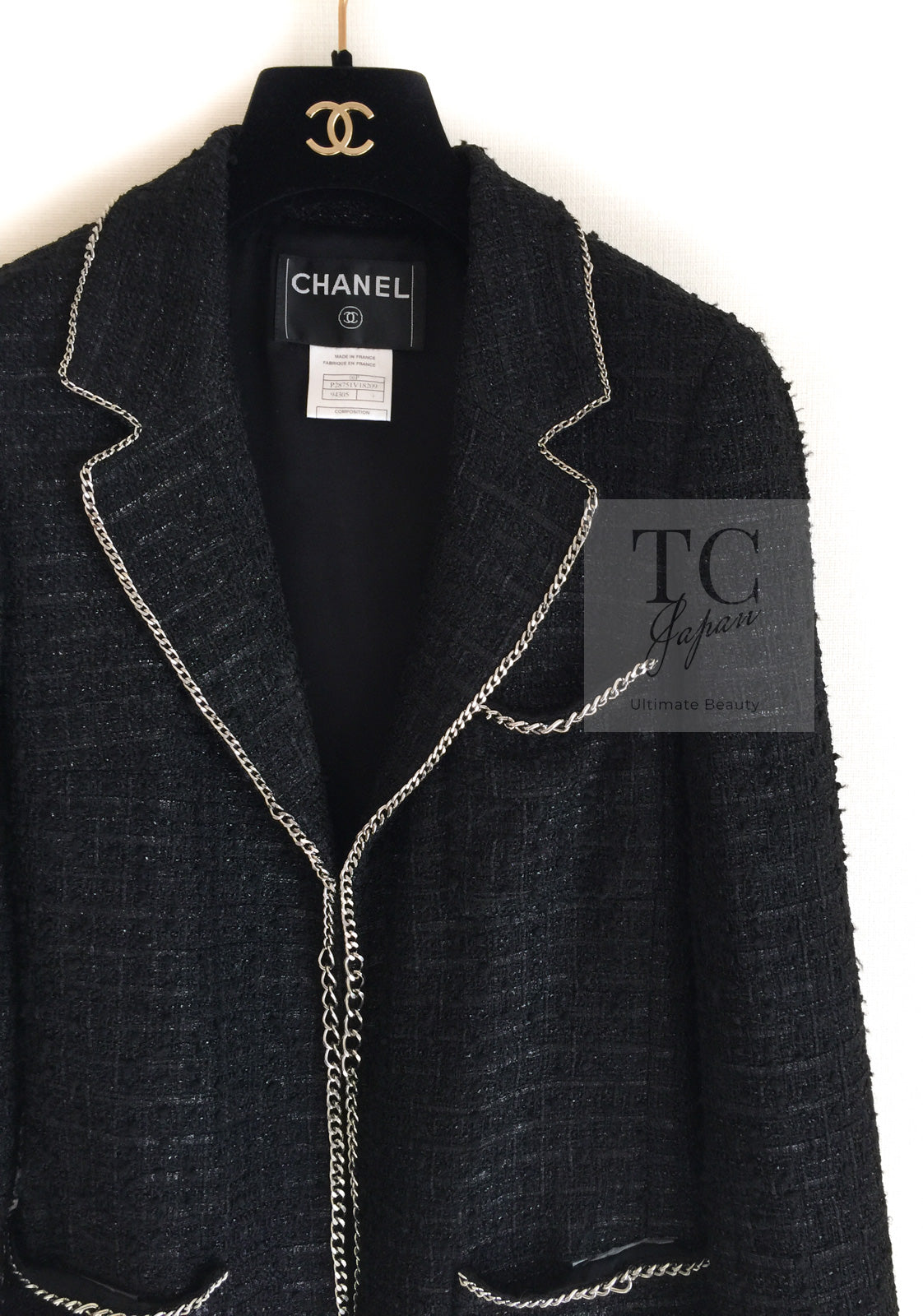 CHANEL 06S Black Metallic Chain Trim Tweed Jacket 38 シャネル ブラック メタリック チェーン トリム ツイード ジャケット 即発