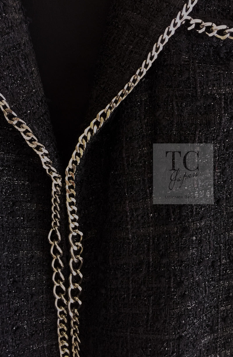 CHANEL 06S Black Metallic Chain Trim Tweed Jacket 38 シャネル ブラック メタリック チェーン トリム ツイード ジャケット 即発