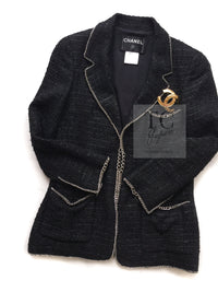 CHANEL 06S Black Metallic Chain Trim Tweed Jacket 38 シャネル ブラック メタリック チェーン トリム ツイード ジャケット 即発