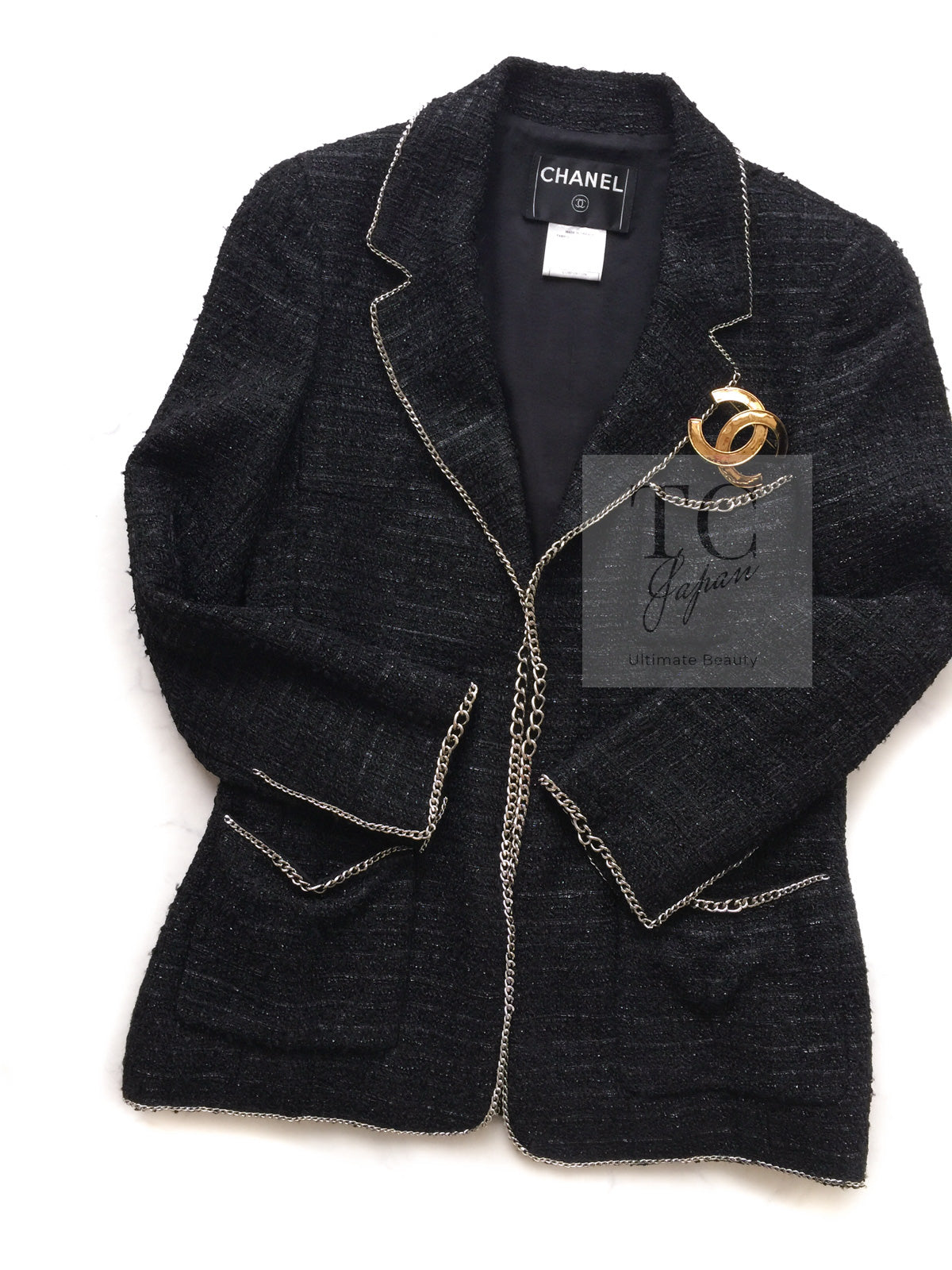 CHANEL 06S Black Metallic Chain Trim Tweed Jacket 38 シャネル ブラック メタリック チェーン トリム ツイード ジャケット 即発