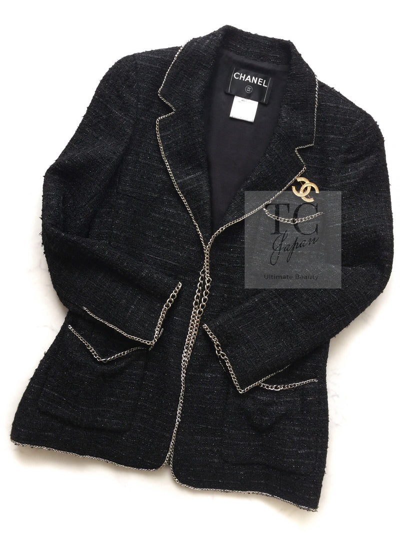 CHANEL 06S Black Metallic Chain Trim Tweed Jacket 38 シャネル ブラック メタリック チェーン トリム ツイード ジャケット 即発