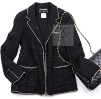 CHANEL 06S Black Metallic Chain Trim Tweed Jacket 38 シャネル ブラック メタリック チェーン トリム ツイード ジャケット 即発