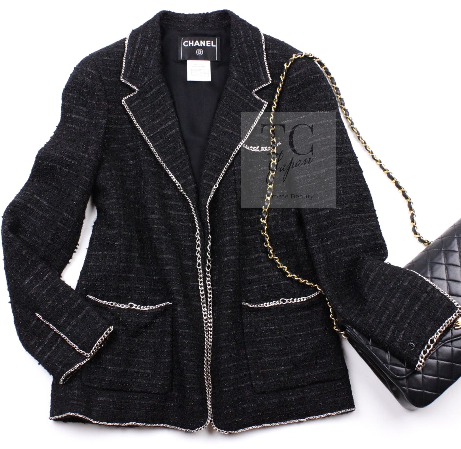CHANEL 06S Black Metallic Chain Trim Tweed Jacket 38 シャネル ブラック メタリック チェーン トリム ツイード ジャケット 即発