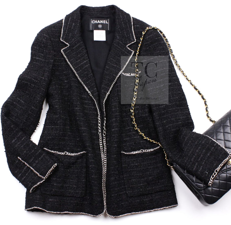 CHANEL 06S Black Metallic Chain Trim Tweed Jacket 38 シャネル ブラック メタリック チェーン トリム ツイード ジャケット 即発