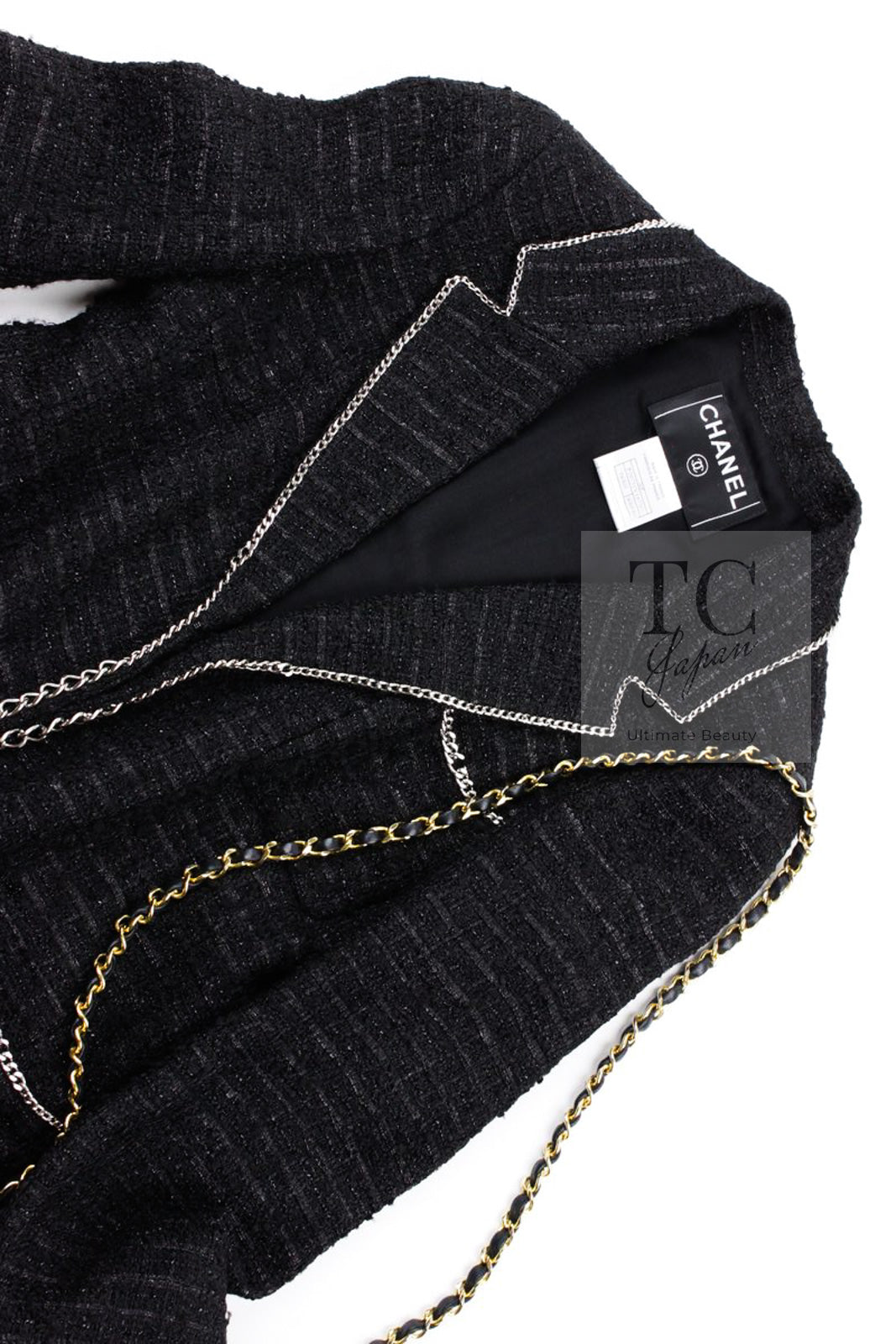 CHANEL 06S Black Metallic Chain Trim Tweed Jacket 38 シャネル ブラック メタリック チェーン トリム ツイード ジャケット 即発