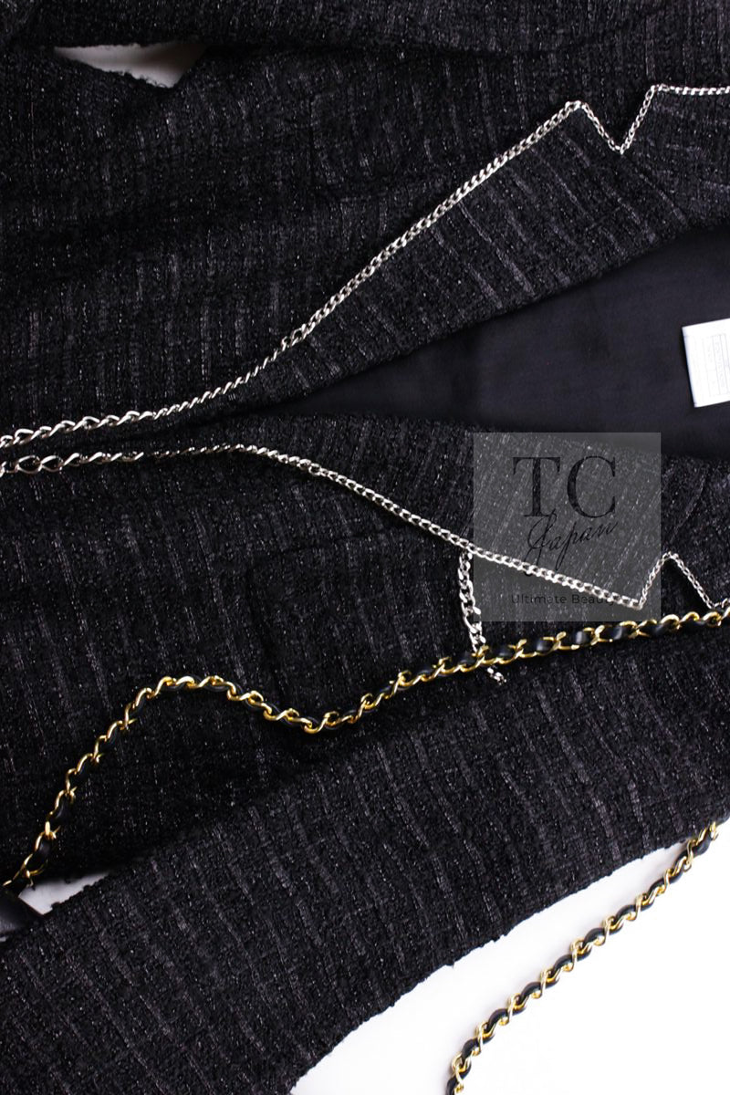 CHANEL 06S Black Metallic Chain Trim Tweed Jacket 38 シャネル ブラック メタリック チェーン トリム ツイード ジャケット 即発