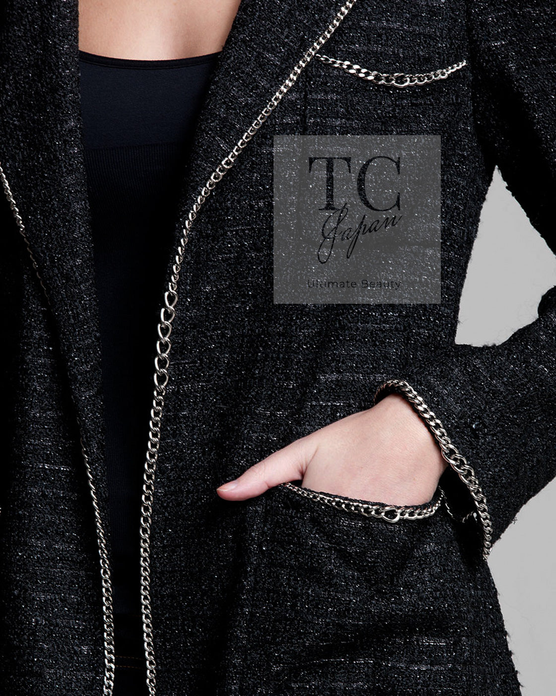 CHANEL 06S Black Metallic Chain Trim Tweed Jacket 38 シャネル ブラック メタリック チェーン トリム ツイード ジャケット 即発