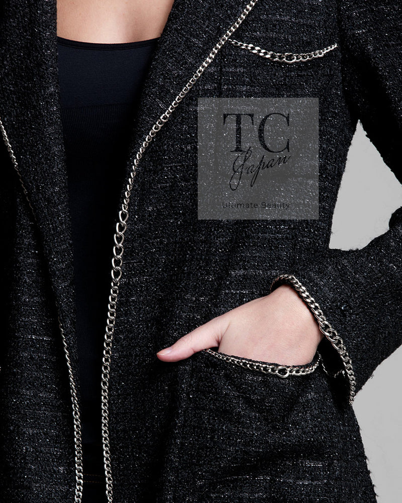 CHANEL 06S Black Metallic Chain Trim Tweed Jacket 38 シャネル ブラック メタリック チェーン トリム ツイード ジャケット 即発