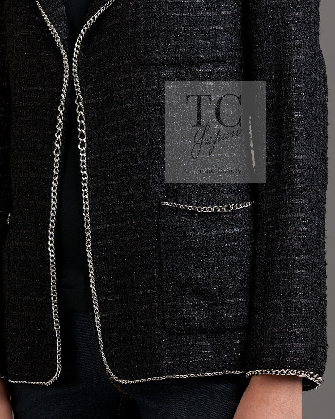 CHANEL 06S Black Metallic Chain Trim Tweed Jacket 38 シャネル ブラック メタリック チェーン トリム ツイード ジャケット 即発