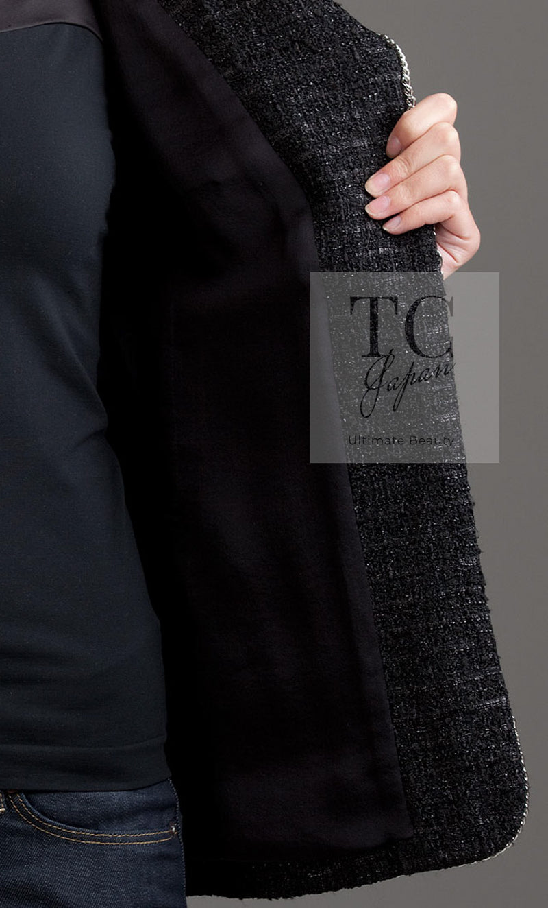 CHANEL 06S Black Metallic Chain Trim Tweed Jacket 38 シャネル ブラック メタリック チェーン トリム ツイード ジャケット 即発