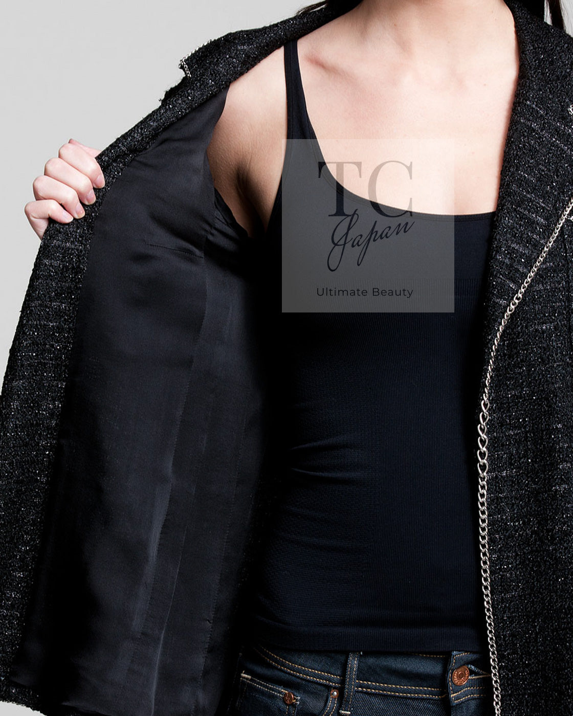 CHANEL 06S Black Metallic Chain Trim Tweed Jacket 38 シャネル ブラック メタリック チェーン トリム ツイード ジャケット 即発
