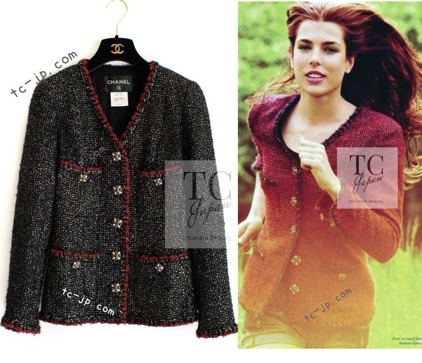 CHANEL 11A Black Red Metallic Fantasy Wool Tweed Jacket 36 38 シャネル ブラック レッド メタリック ファンタジー ウール ツイード ジャケット 即発