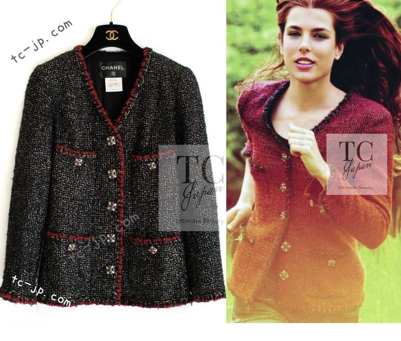 CHANEL 11A Black Red Metallic Fantasy Wool Tweed Jacket 42 シャネル ブラック レッド メタリック ファンタジー ウール ツイード ジャケット 即発
