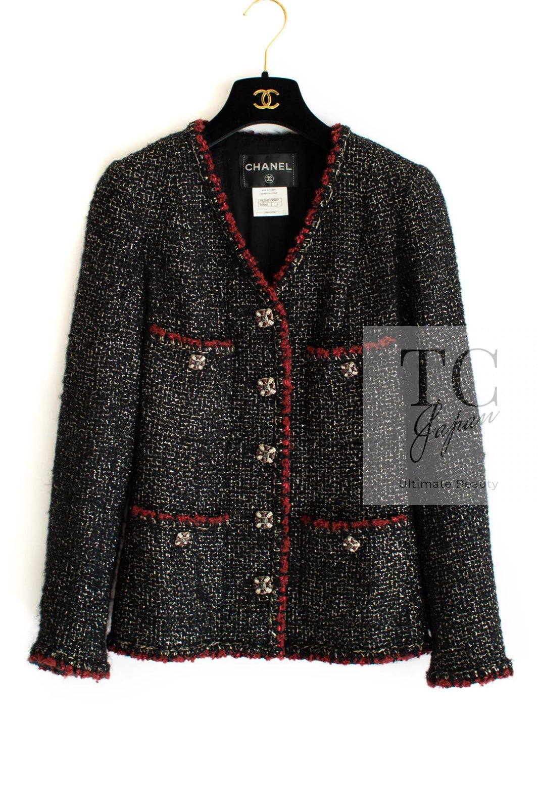 CHANEL 11A Black Red Metallic Fantasy Wool Tweed Jacket 36 38 シャネル ブラック レッド メタリック ファンタジー ウール ツイード ジャケット 即発