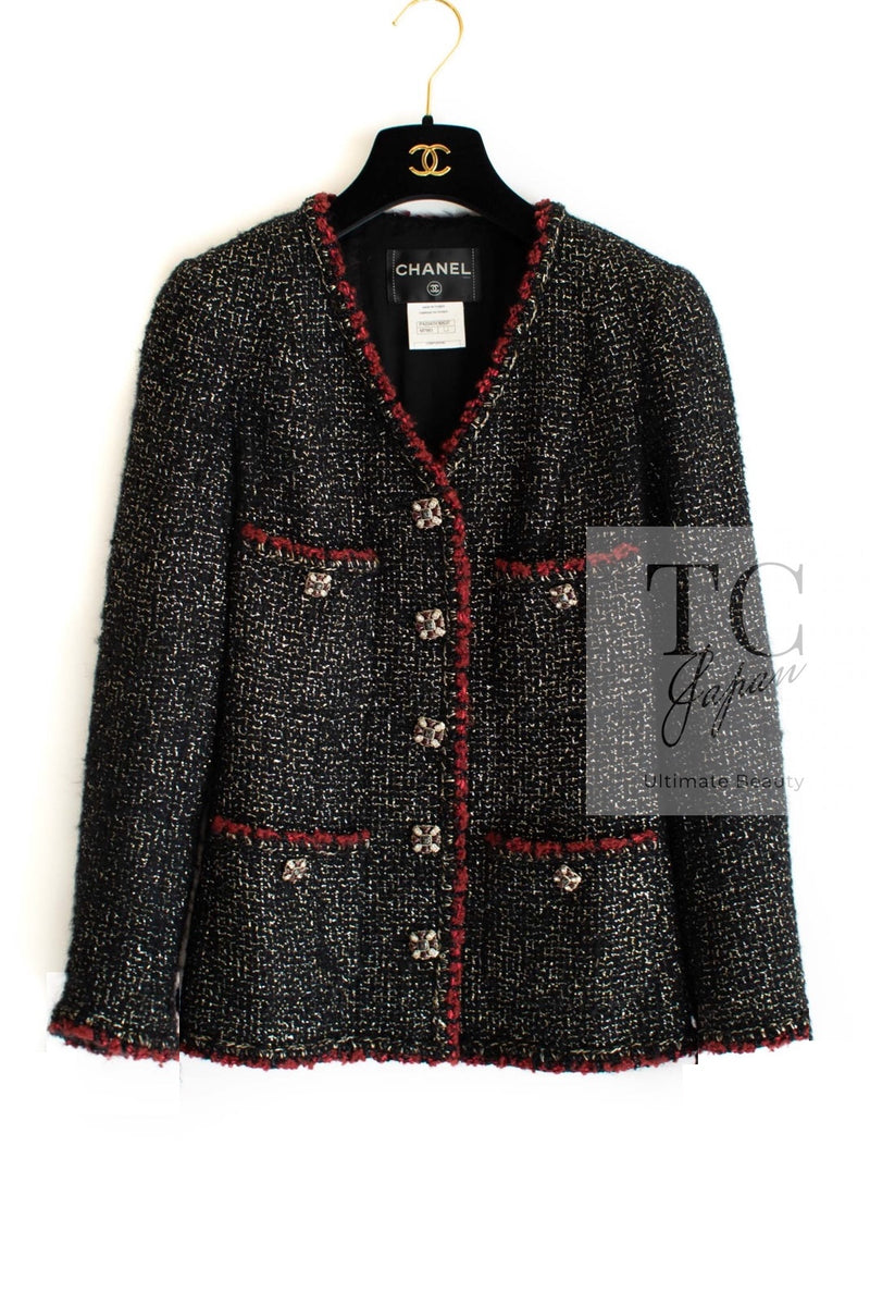 CHANEL 11A Black Red Metallic Fantasy Wool Tweed Jacket 42 シャネル ブラック レッド メタリック ファンタジー ウール ツイード ジャケット 即発
