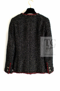 CHANEL 11A Black Red Metallic Fantasy Wool Tweed Jacket 42 シャネル ブラック レッド メタリック ファンタジー ウール ツイード ジャケット 即発