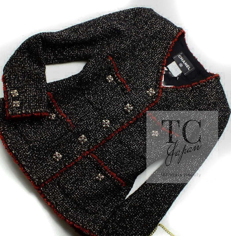 CHANEL 11A Black Red Metallic Fantasy Wool Tweed Jacket 42 シャネル ブラック レッド メタリック ファンタジー ウール ツイード ジャケット 即発