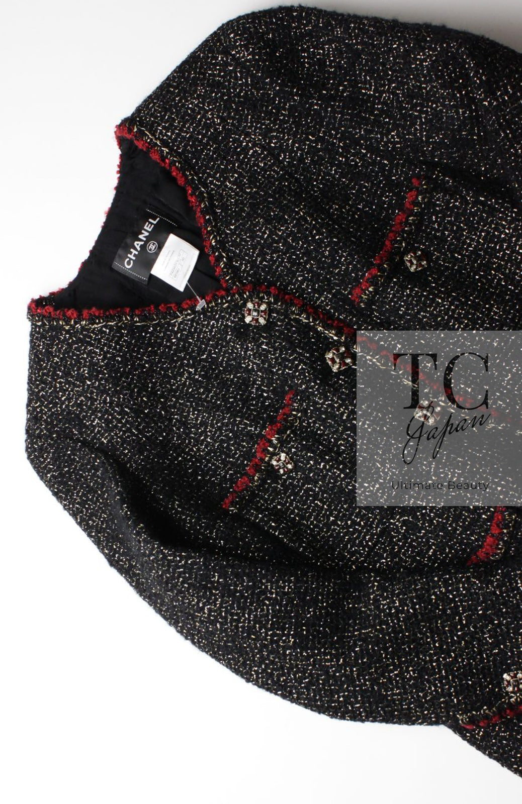 CHANEL 11A Black Red Metallic Fantasy Wool Tweed Jacket 42 シャネル ブラック レッド メタリック ファンタジー ウール ツイード ジャケット 即発
