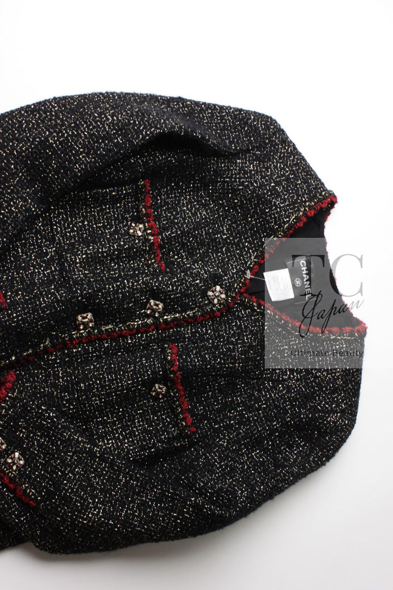 CHANEL 11A Black Red Metallic Fantasy Wool Tweed Jacket 42 シャネル ブラック レッド メタリック ファンタジー ウール ツイード ジャケット 即発