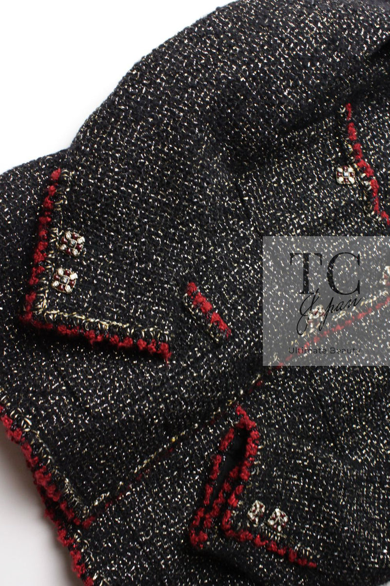 CHANEL 11A Black Red Metallic Fantasy Wool Tweed Jacket 42 シャネル ブラック レッド メタリック ファンタジー ウール ツイード ジャケット 即発