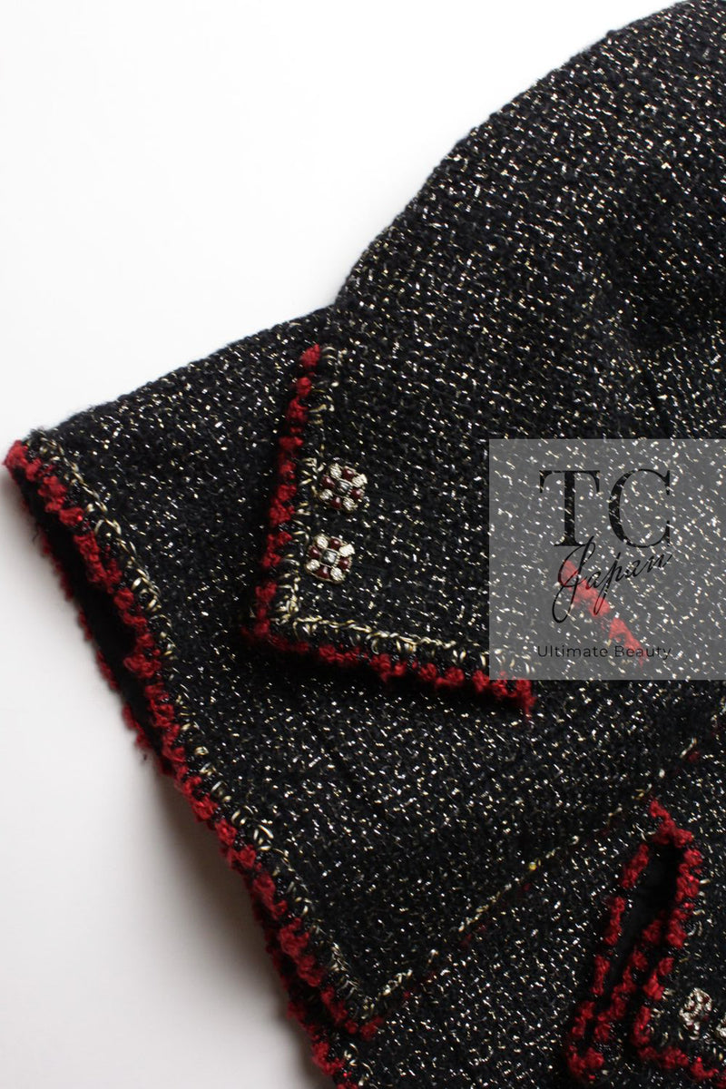 CHANEL 11A Black Red Metallic Fantasy Wool Tweed Jacket 42 シャネル ブラック レッド メタリック ファンタジー ウール ツイード ジャケット 即発