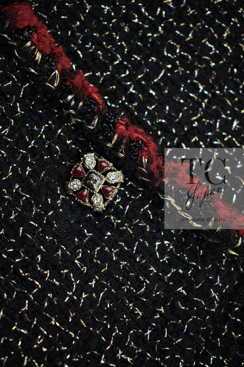 CHANEL 11A Black Red Metallic Fantasy Tweed Jacket 34 36 シャネル ブラック レッド メタリック ファンタジー ツイード ジャケット 即発