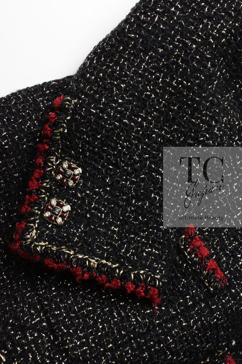 CHANEL 11A Black Red Metallic Fantasy Wool Tweed Jacket 42 シャネル ブラック レッド メタリック ファンタジー ウール ツイード ジャケット 即発