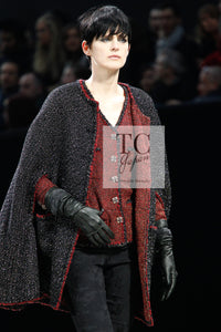 CHANEL Cape Coat Black Red Trim Metallic Tweed Poncho 38